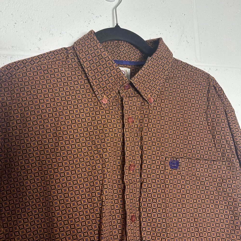 Cinch Mens Western Button Down Shirt Large Orange Brown Geometric Medallion L/S